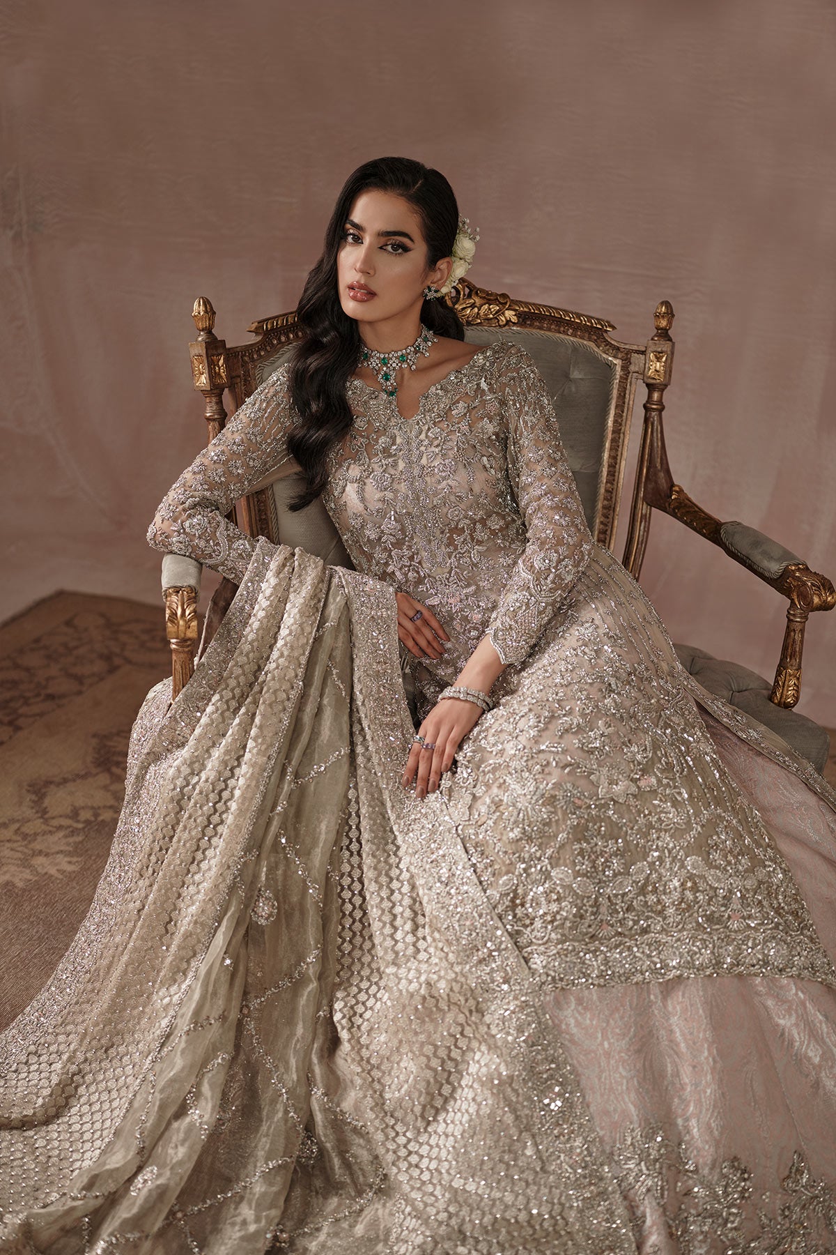 Pakistani Blush Pink Zardozi Net Bridal Lehenga (3-Piece) - Image 4