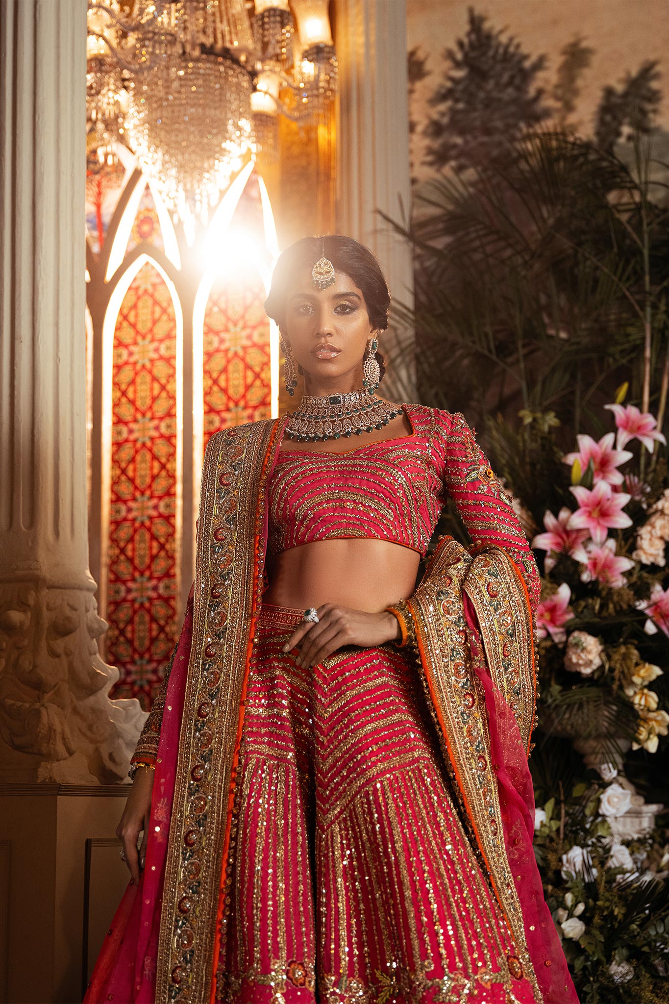 Pakistani Pink Zardozi Net Bridal Lehenga Choli (3-Piece) - Image 3