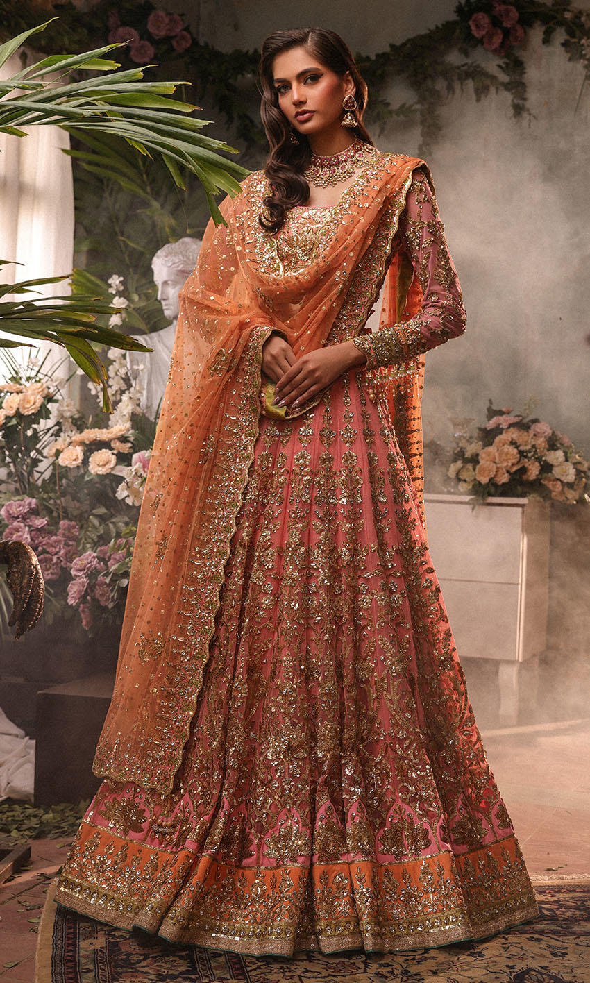 Pakistani Pink Gold Embellished Net Bridal Lehenga (3-Piece) - Image 1