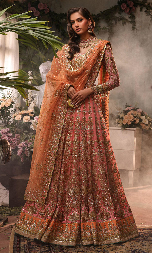 Pakistani Pink Gold Embellished Net Bridal Lehenga (3-Piece) - Image 2