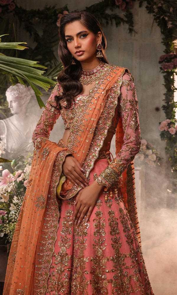 Pakistani Pink Gold Embellished Net Bridal Lehenga (3-Piece) - Image 3