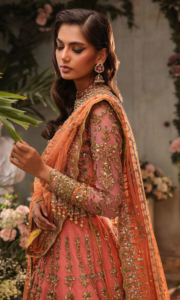 Pakistani Pink Gold Embellished Net Bridal Lehenga (3-Piece) - Image 4