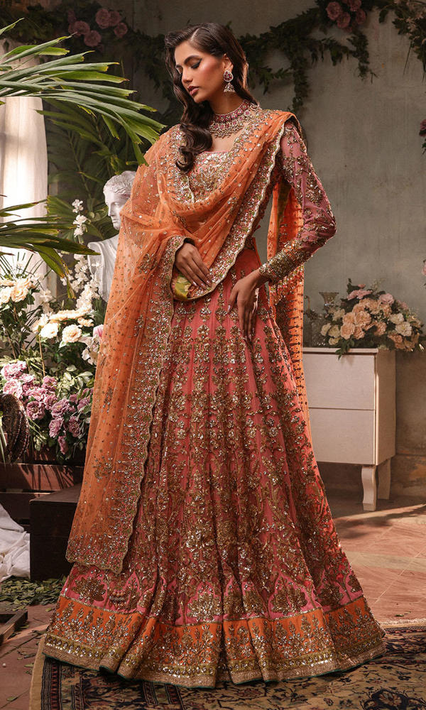 Pakistani Pink Gold Embellished Net Bridal Lehenga (3-Piece) - Image 5