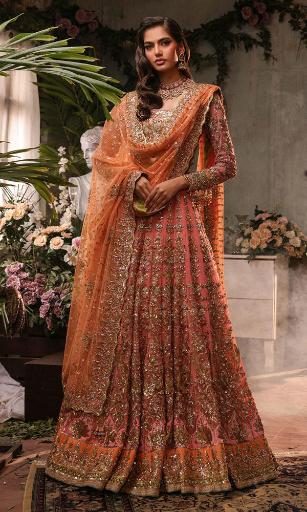 Pakistani Pink Gold Embellished Net Bridal Lehenga (3-Piece) - Image 6