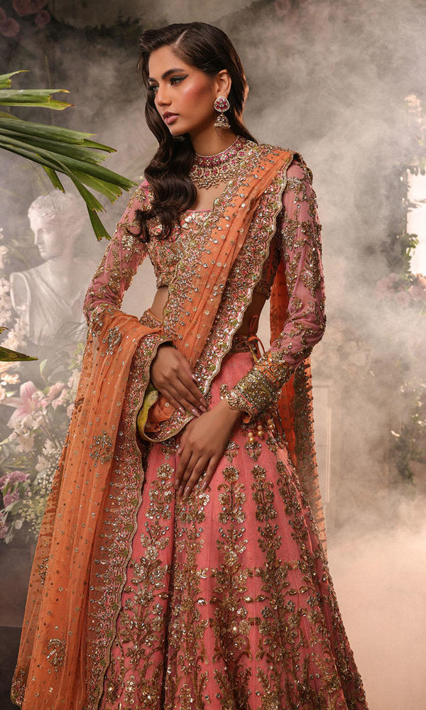 Pakistani Pink Gold Embellished Net Bridal Lehenga (3-Piece) - Image 7