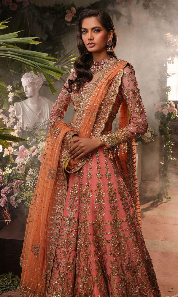 Pakistani Pink Gold Embellished Net Bridal Lehenga (3-Piece) - Image 8