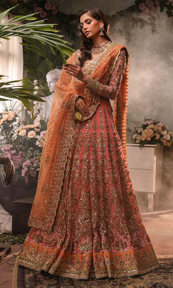 Pakistani Pink Gold Embellished Net Bridal Lehenga (3-Piece) - Image 9