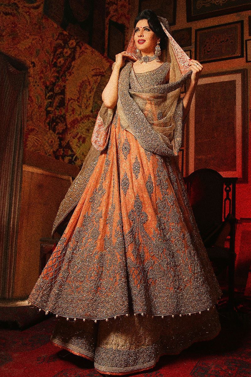 Pakistani Peach Zardozi Net Bridal Lehenga (3-Piece) - Image 1