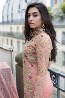 Pakistani Coral Embroidered Net Lehenga (3-Piece) - Image 3
