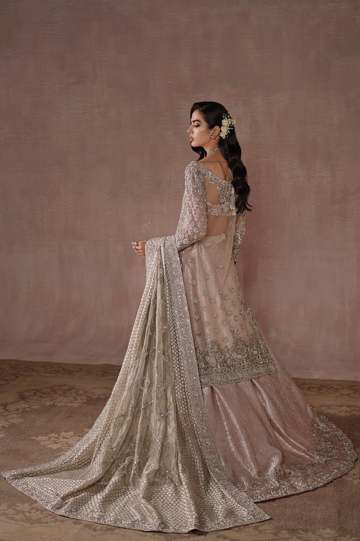 Blush Pink & Ivory Zardozi Net Silk Bridal Lehenga (3-Piece) - Image 2