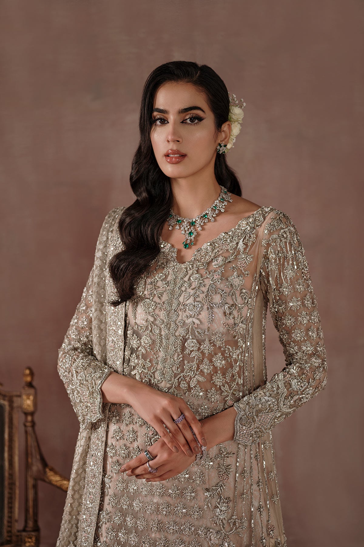 Blush Pink & Ivory Zardozi Net Silk Bridal Lehenga (3-Piece) - Image 3