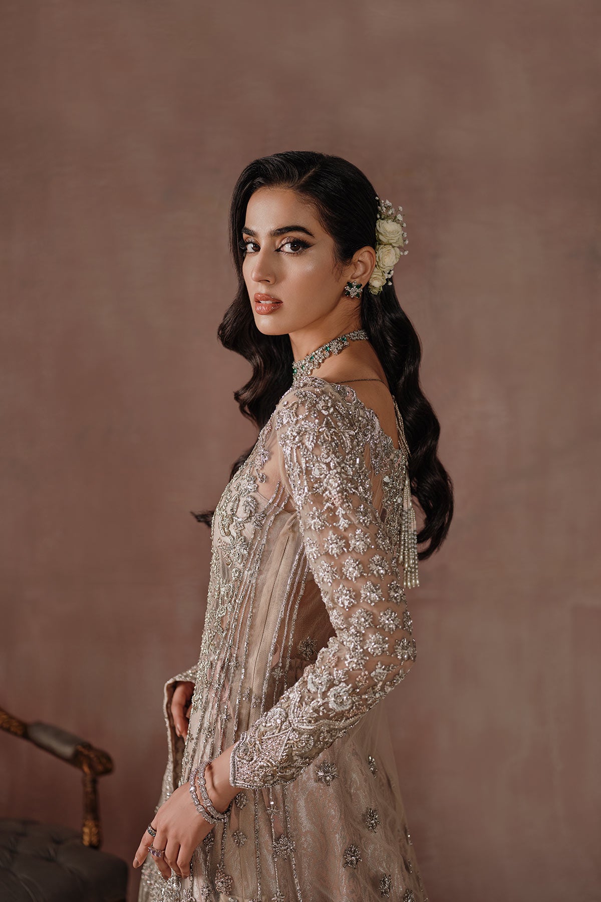 Blush Pink & Ivory Zardozi Net Silk Bridal Lehenga (3-Piece) - Image 5