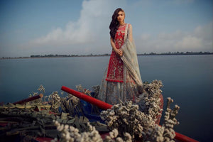 Pakistani Hot Pink & Duck Egg Blue Embroidered Net Lehenga (3-Piece) - Image 1