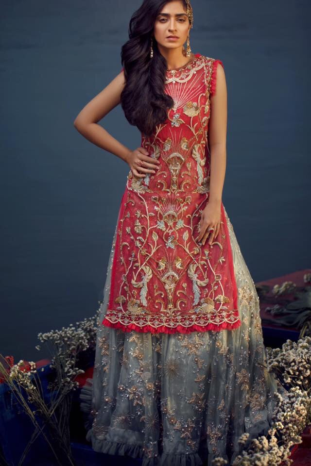 Pakistani Hot Pink & Duck Egg Blue Embroidered Net Lehenga (3-Piece) - Image 3