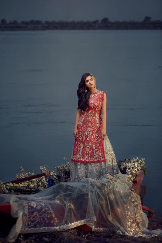 Pakistani Hot Pink & Duck Egg Blue Embroidered Net Lehenga (3-Piece) - Image 4