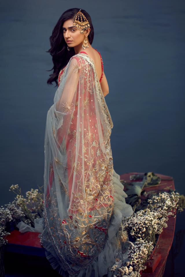 Pakistani Hot Pink & Duck Egg Blue Embroidered Net Lehenga (3-Piece) - Image 5