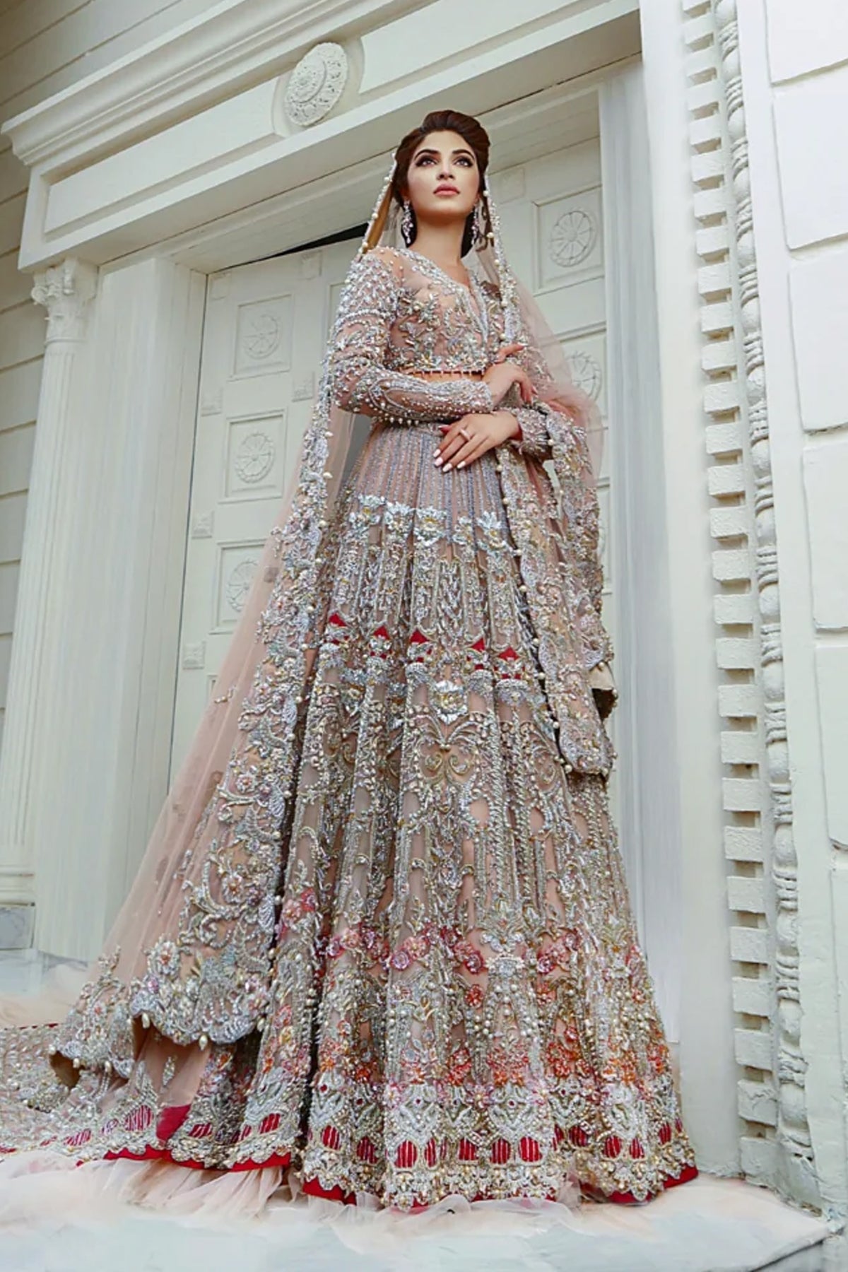 Blush Pink Embellished Net Bridal Lehenga (3-Piece) - Image 1