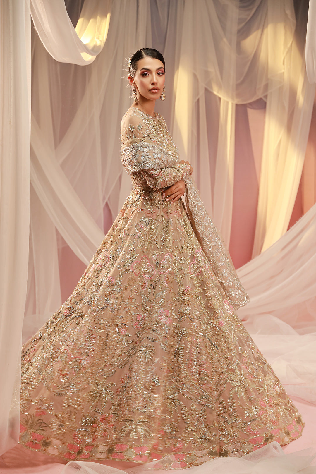Rosette Pink Embellished Net Bridal Lehenga (3-Piece) - Image 3