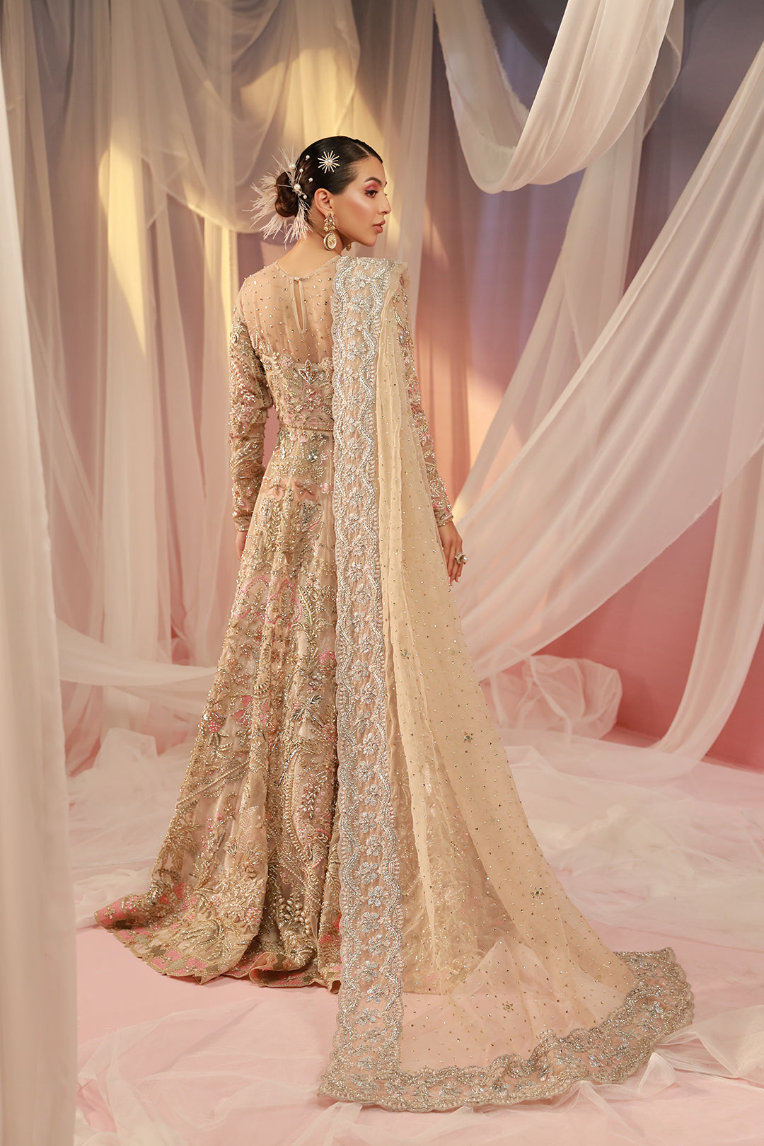 Rosette Pink Embellished Net Bridal Lehenga (3-Piece) - Image 4