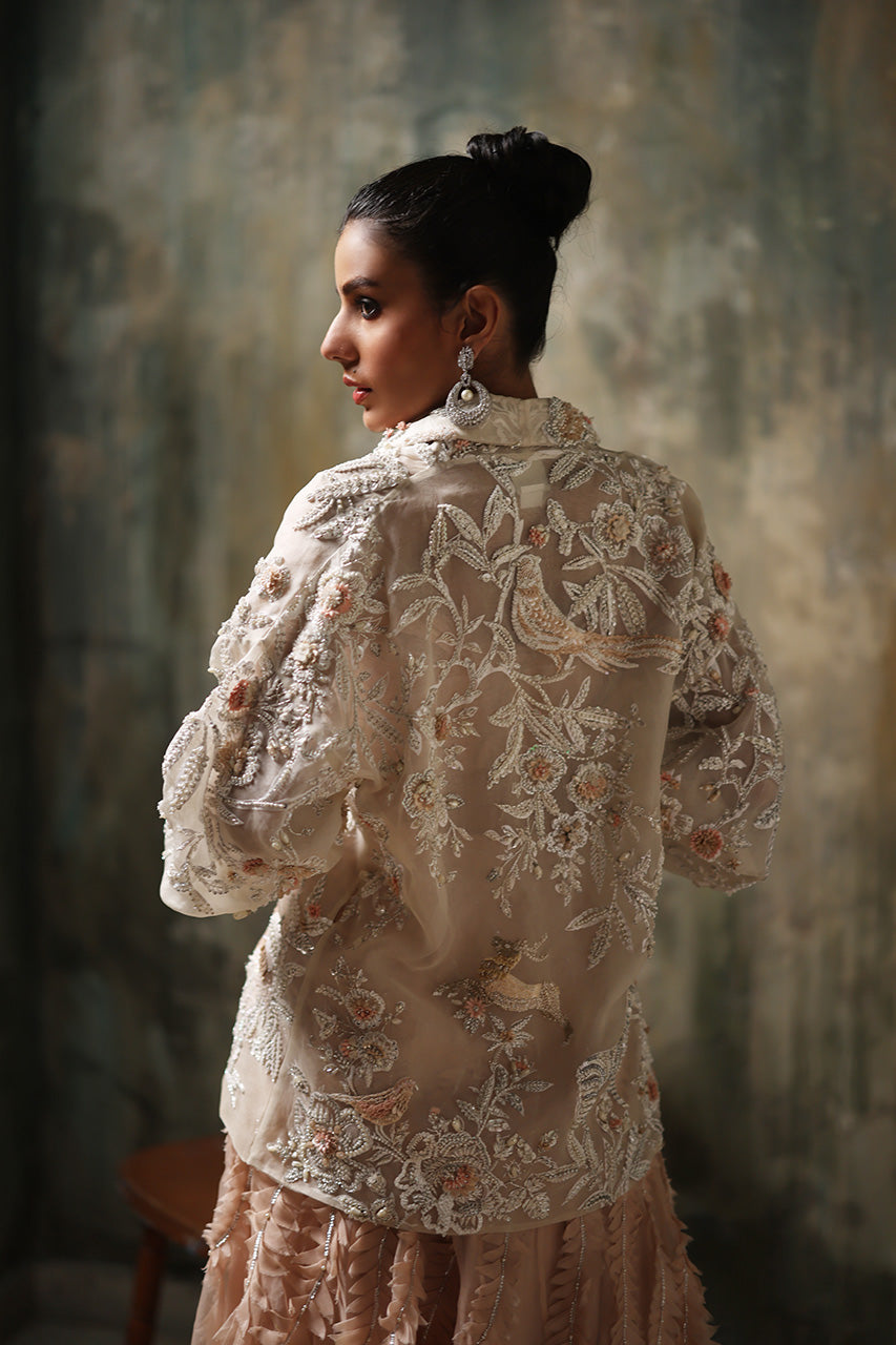 White & Nude Pink Embellished Organza Lehenga (3-Piece) - Image 2