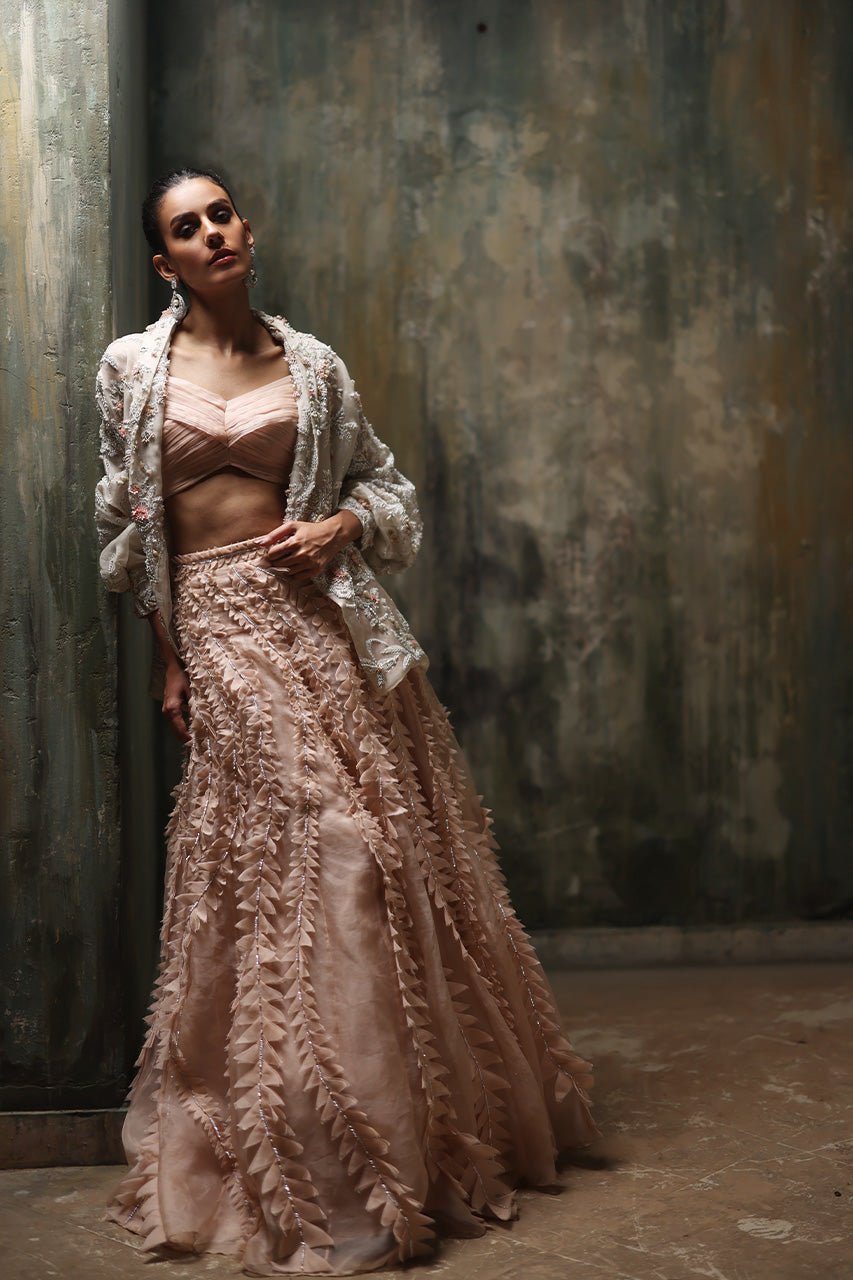 Pakistani Nude Pink & White Embellished Organza Lehenga (3-Piece) - Image 1