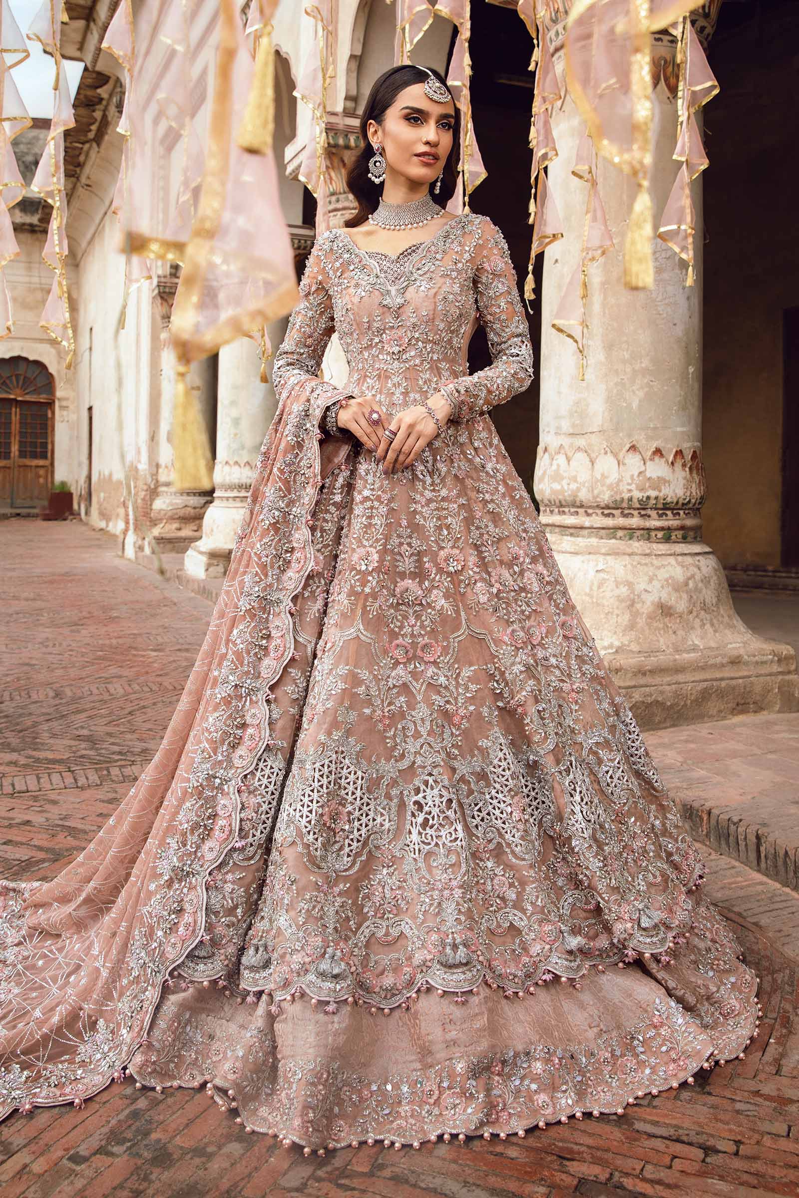 Nude Pink Embellished Organza Frock & Kamkhwab Lehenga (3-Piece) - Image 1