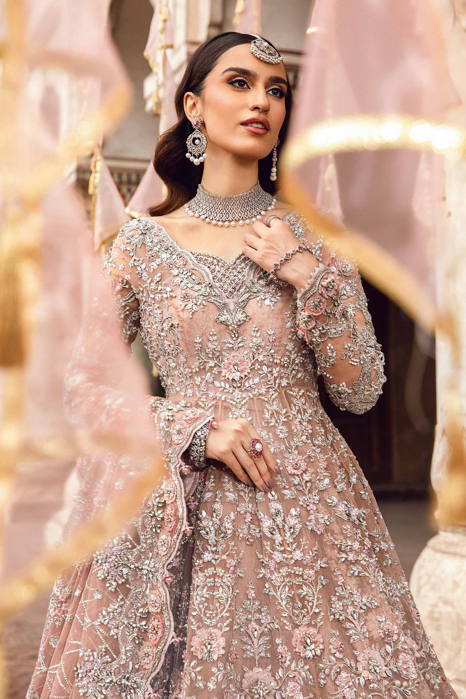 Nude Pink Embellished Organza Frock & Kamkhwab Lehenga (3-Piece) - Image 2