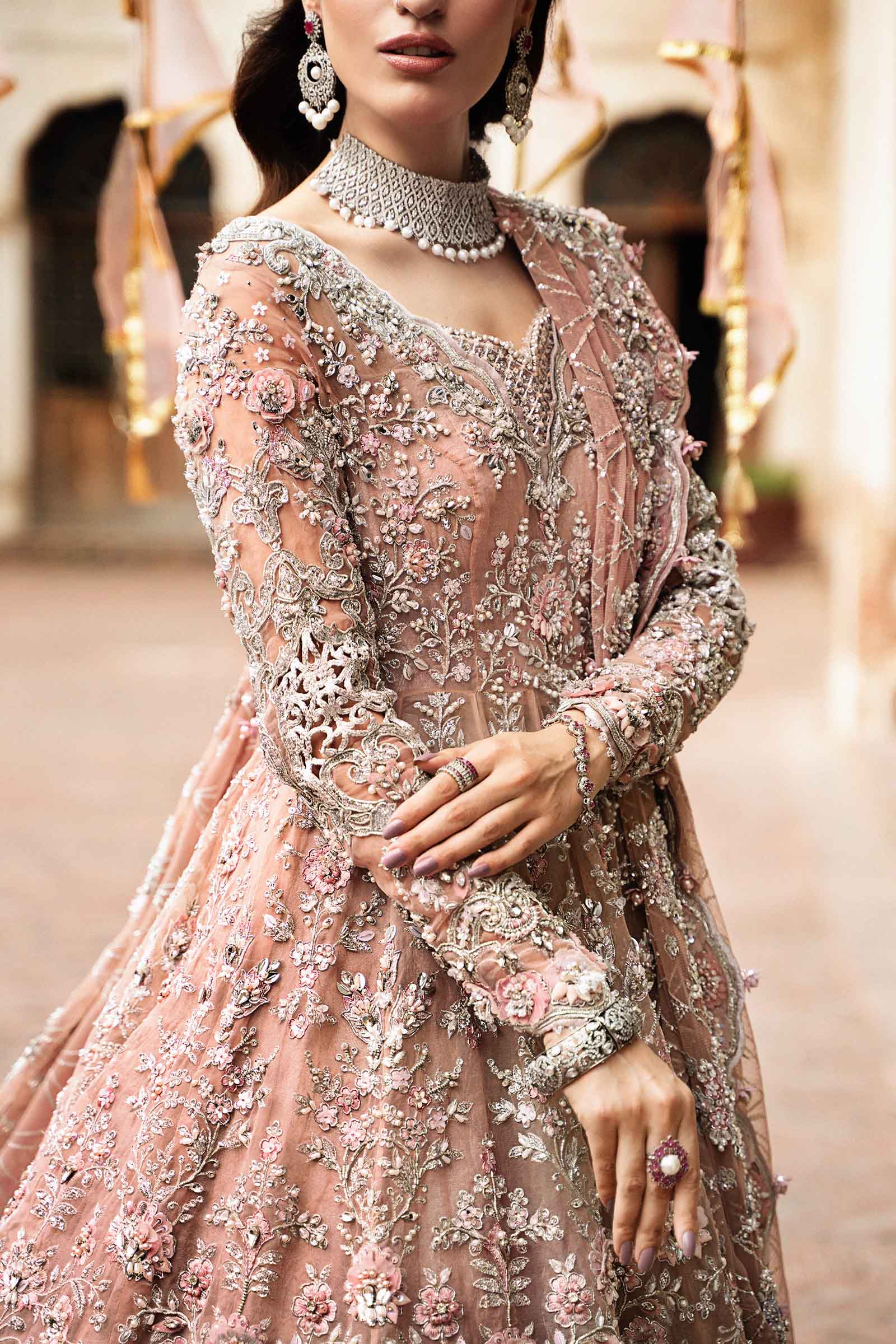 Nude Pink Embellished Organza Frock & Kamkhwab Lehenga (3-Piece) - Image 3
