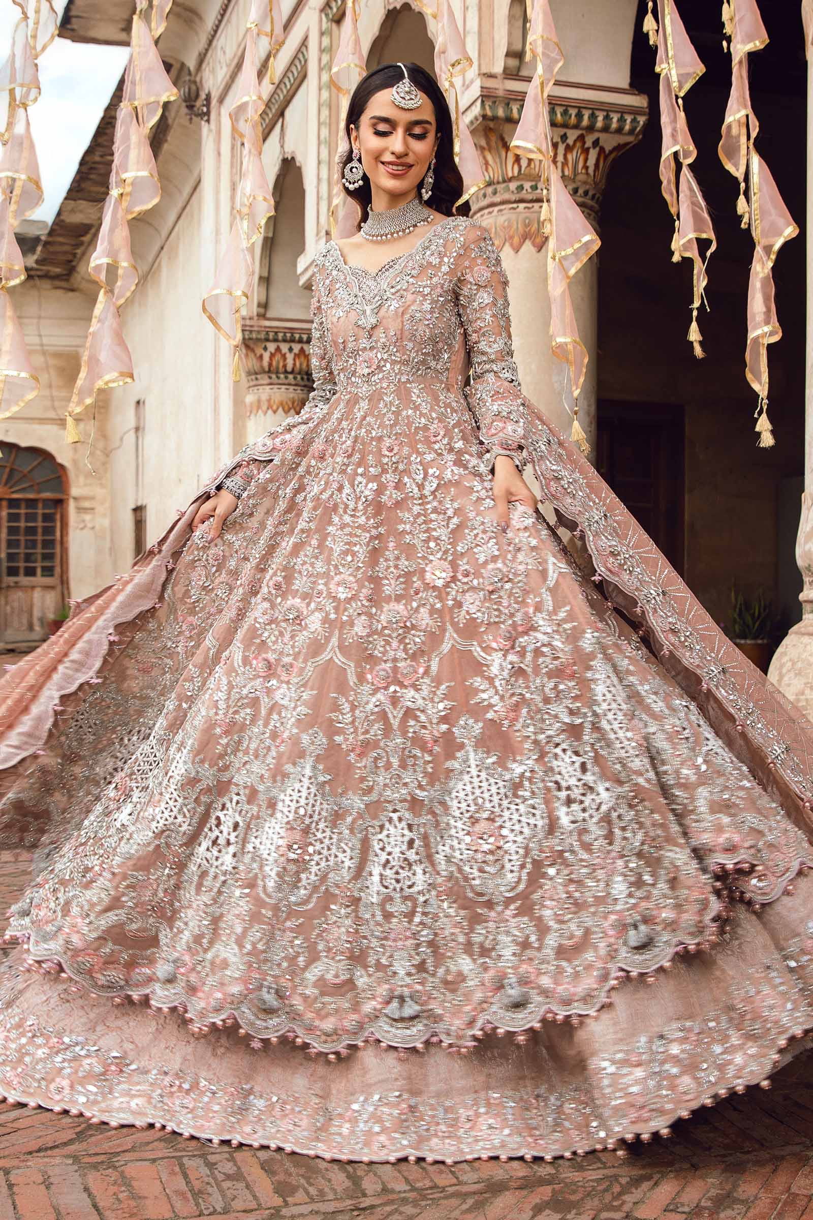 Nude Pink Embellished Organza Frock & Kamkhwab Lehenga (3-Piece) - Image 5