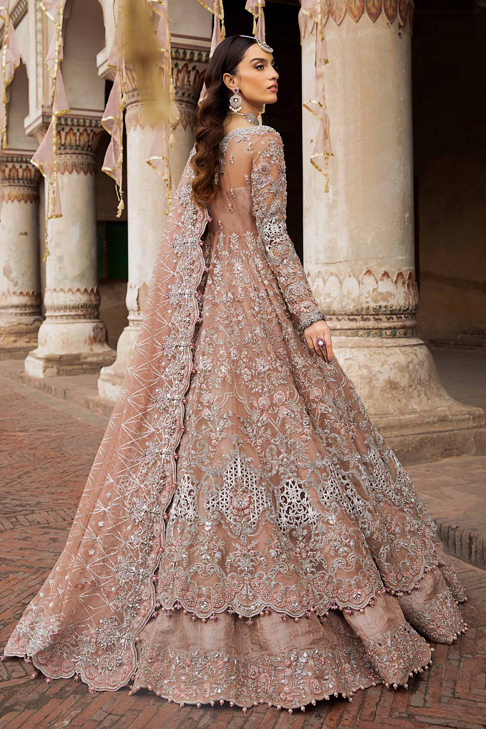Nude Pink Embellished Organza Frock & Kamkhwab Lehenga (3-Piece) - Image 6