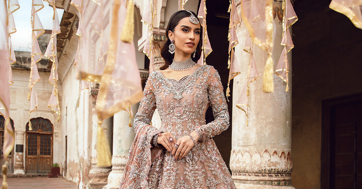 Nude Pink Embellished Organza Frock & Kamkhwab Lehenga (3-Piece) - Image 7