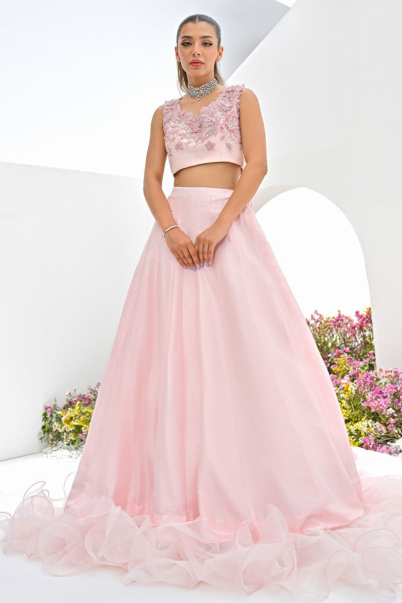Pakistani Powder Pink 3D Floral Organza Lehenga Choli (2-Piece) - Image 1