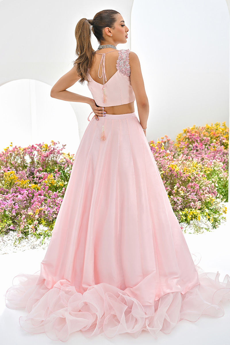Pakistani Powder Pink 3D Floral Organza Lehenga Choli (2-Piece) - Image 3