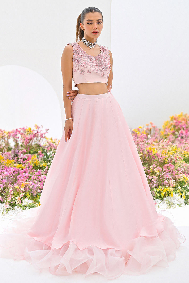 Pakistani Powder Pink 3D Floral Organza Lehenga Choli (2-Piece) - Image 4