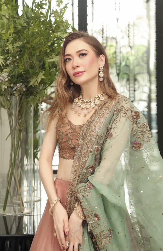 Pakistani Salmon Pink Embroidered Organza Lehenga (3-Piece) - Image 1