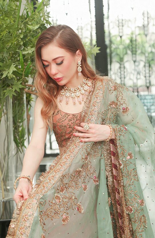 Pakistani Salmon Pink Embroidered Organza Lehenga (3-Piece) - Image 3