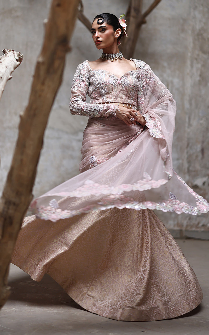 Pakistani Blush Pink Embroidered Organza Lehenga (3-Piece) - Image 1