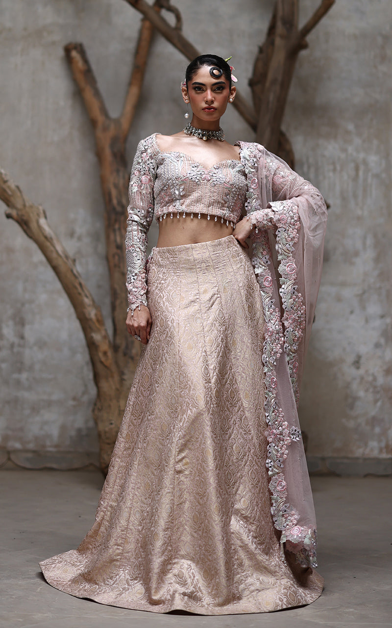 Pakistani Blush Pink Embroidered Organza Lehenga (3-Piece) - Image 6