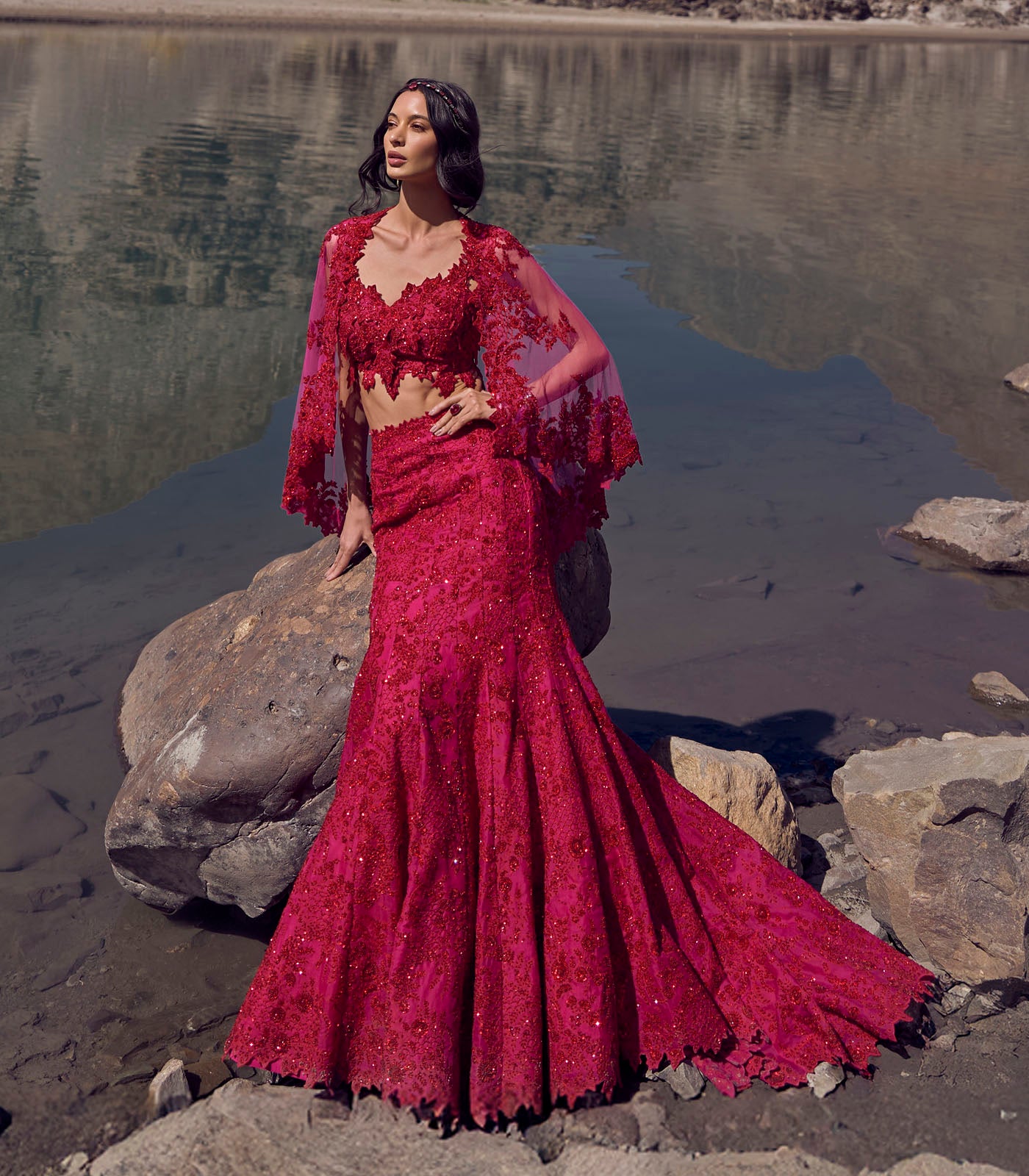 Indian Hot Pink Cutdana Organza & Net Lehenga (3-Piece) - Image 1