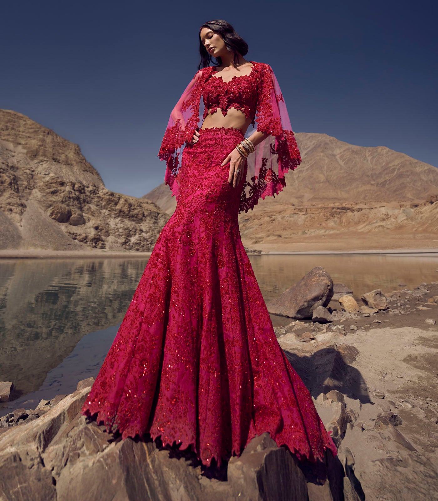 Indian Hot Pink Cutdana Organza & Net Lehenga (3-Piece) - Image 2