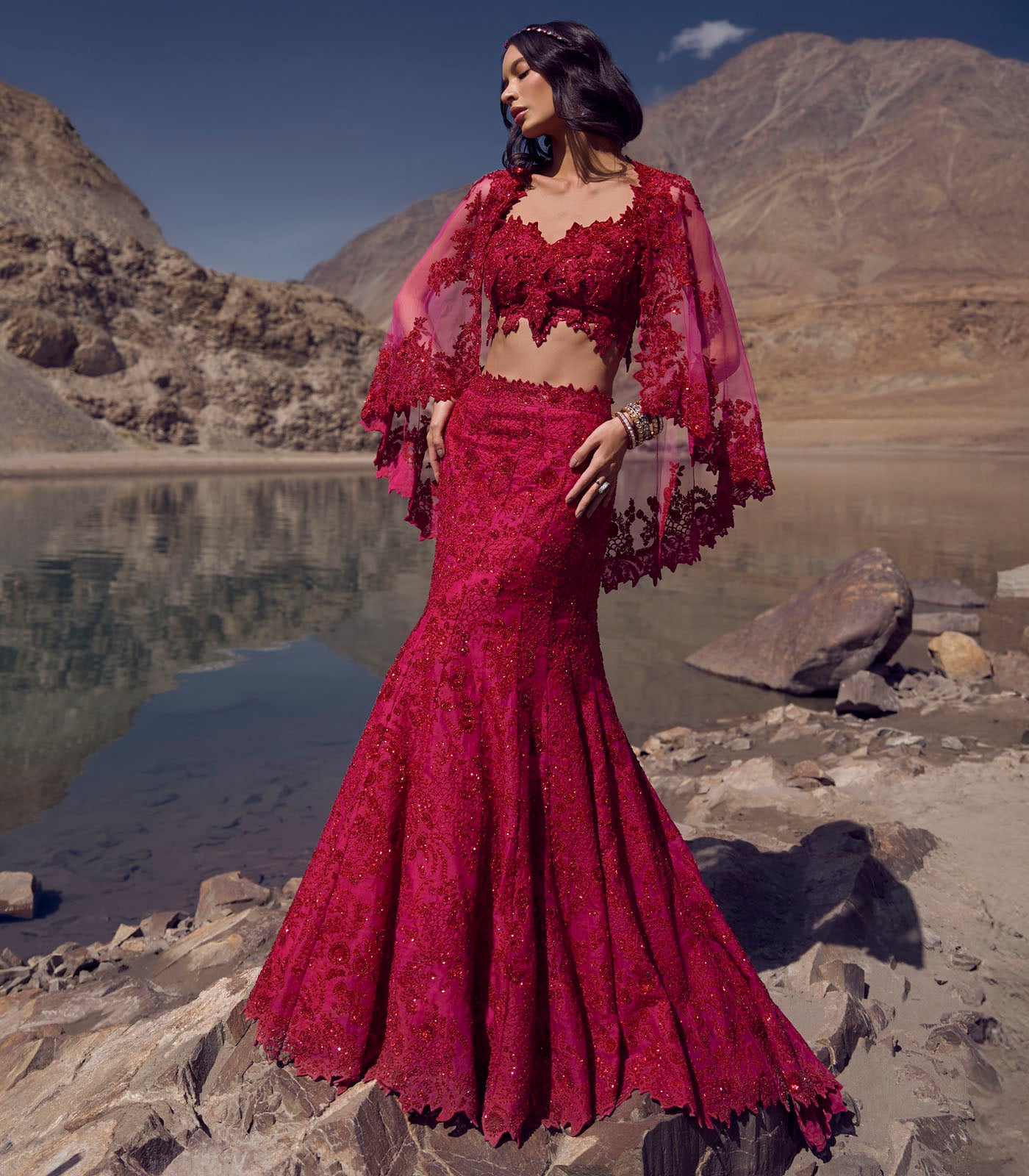 Indian Hot Pink Cutdana Organza & Net Lehenga (3-Piece) - Image 4