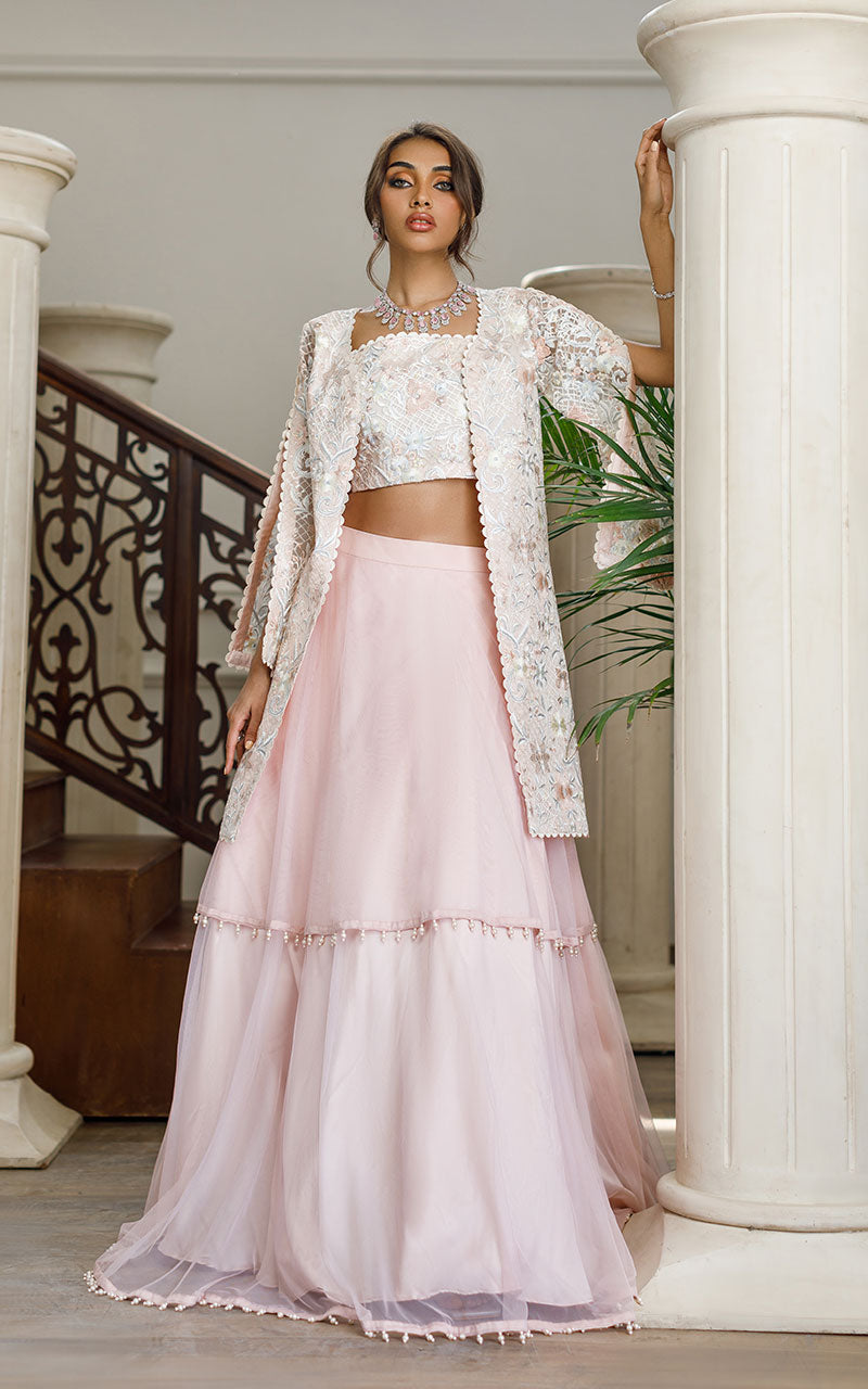 Blush Pink Embroidered Organza Jacket with Net Lehenga (3-Piece) - Image 1