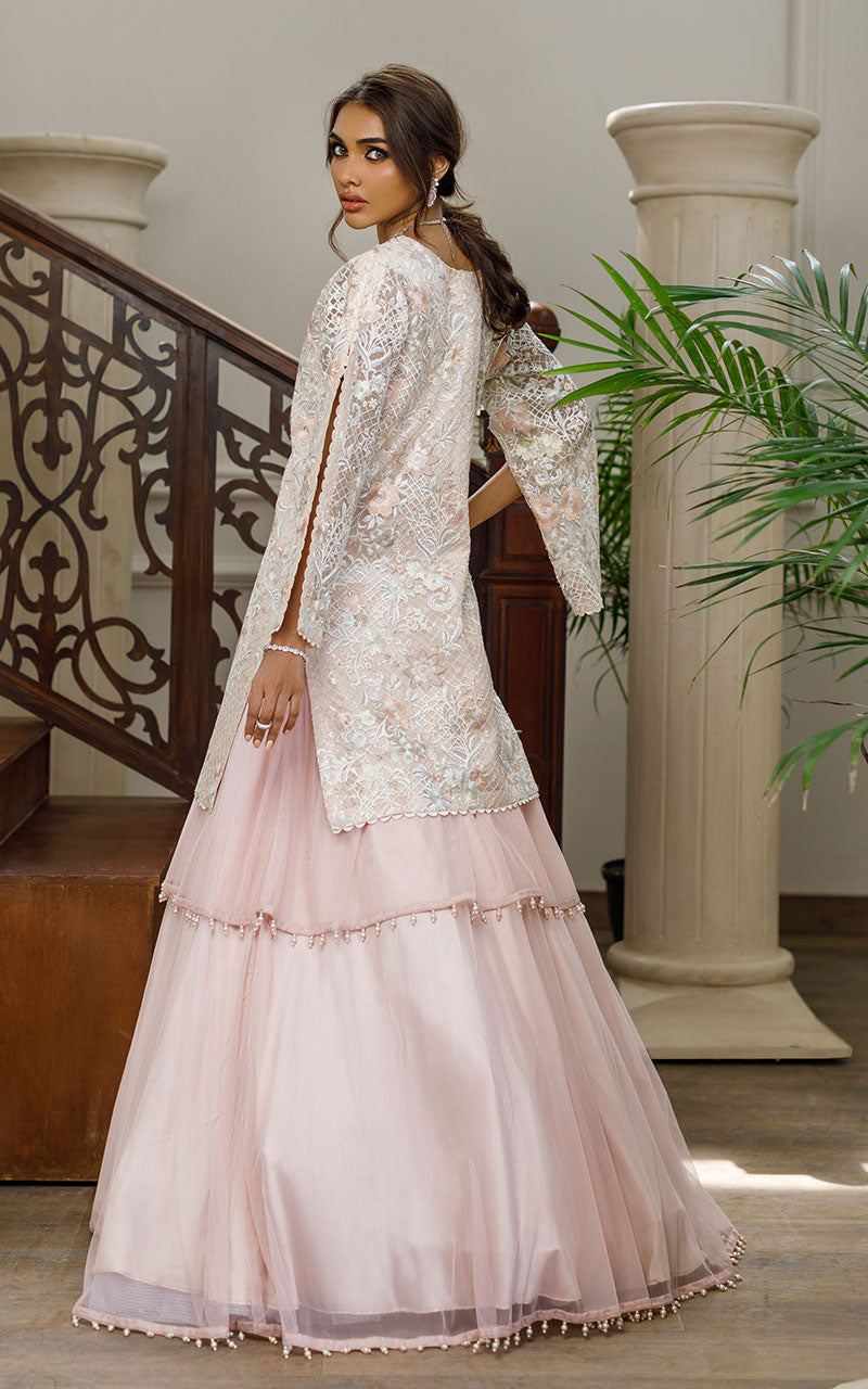 Blush Pink Embroidered Organza Jacket with Net Lehenga (3-Piece) - Image 2