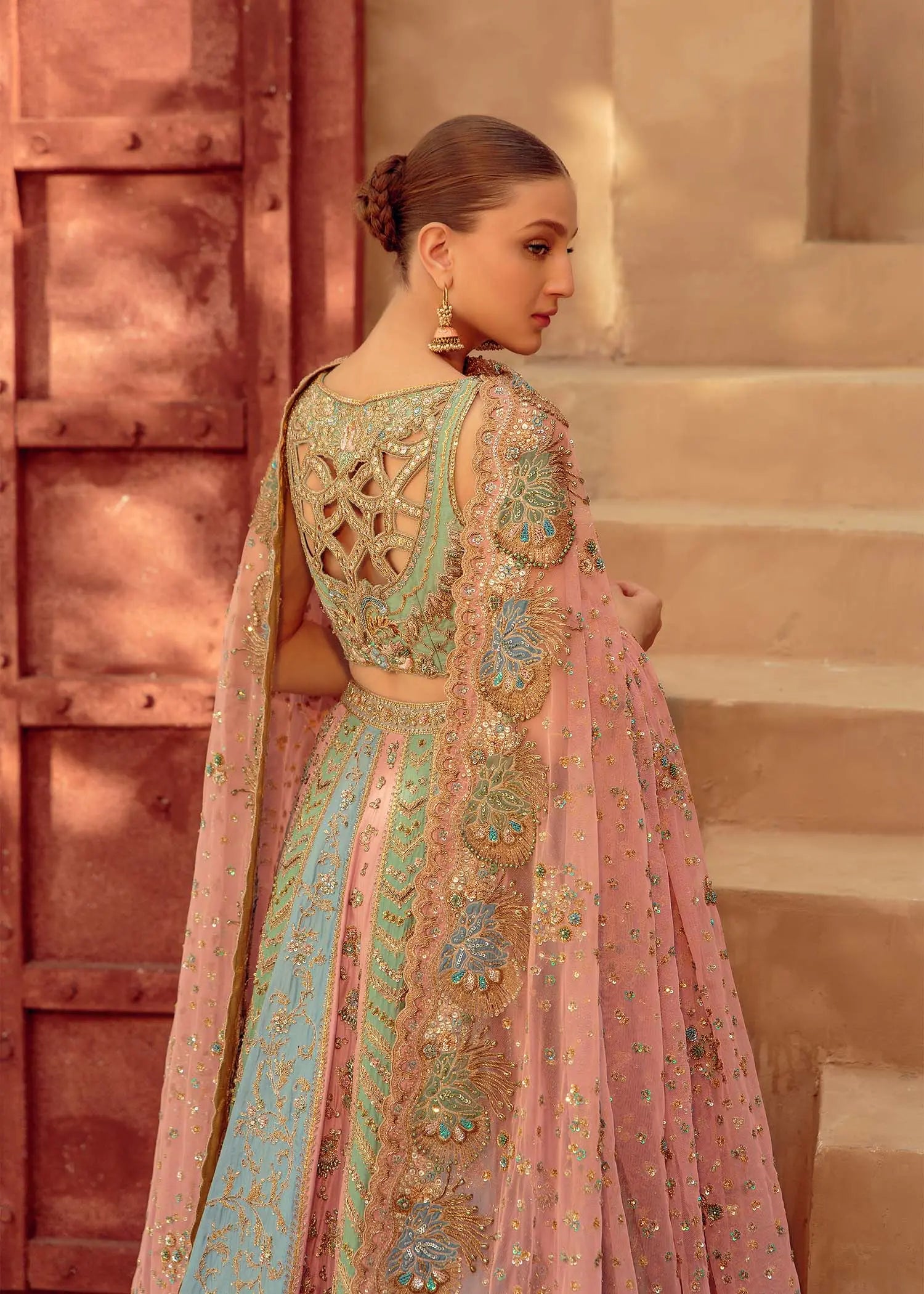 Pastel Pink Embellished Organza Silk Bridal Lehenga (3-Piece) - Image 3
