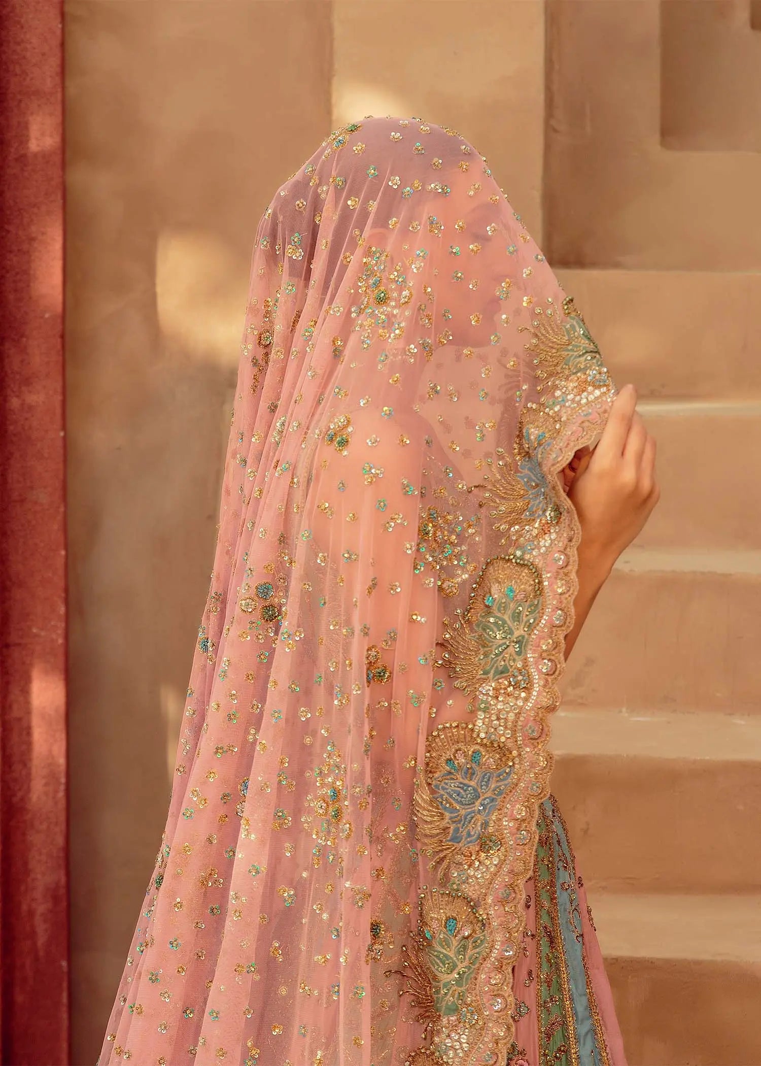 Pastel Pink Embellished Organza Silk Bridal Lehenga (3-Piece) - Image 6