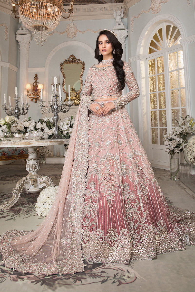 Pakistani Powder Pink Embellished Pure Organza Trail Lehenga (3-Piece) - Image 1