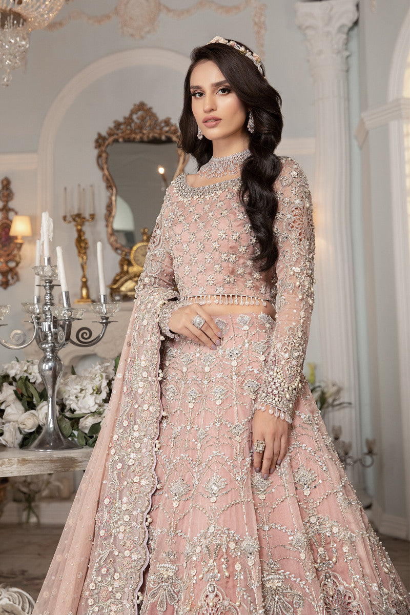 Pakistani Powder Pink Embellished Pure Organza Trail Lehenga (3-Piece) - Image 2