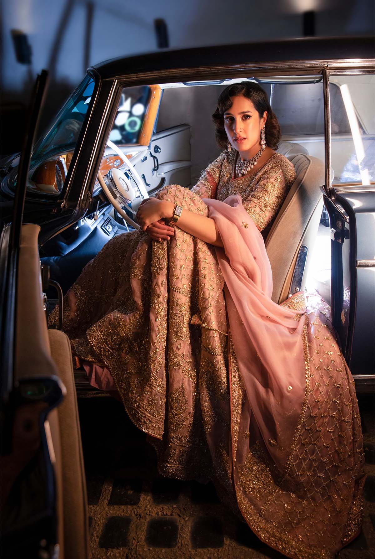 Light Pink Embroidered Organza & Net Mukesh Bridal Lehenga (3-Piece) - Image 3