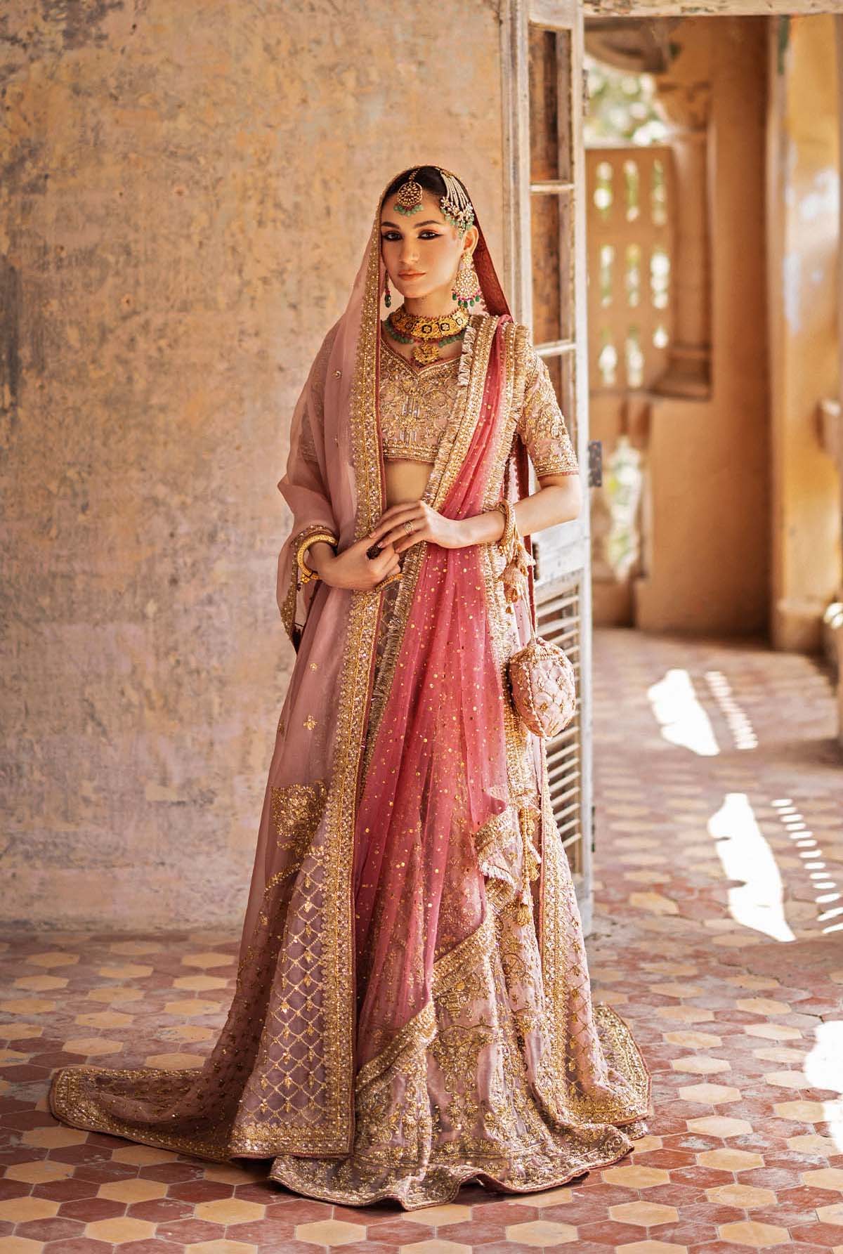 Light Pink Embroidered Organza & Net Mukesh Bridal Lehenga (3-Piece) - Image 5