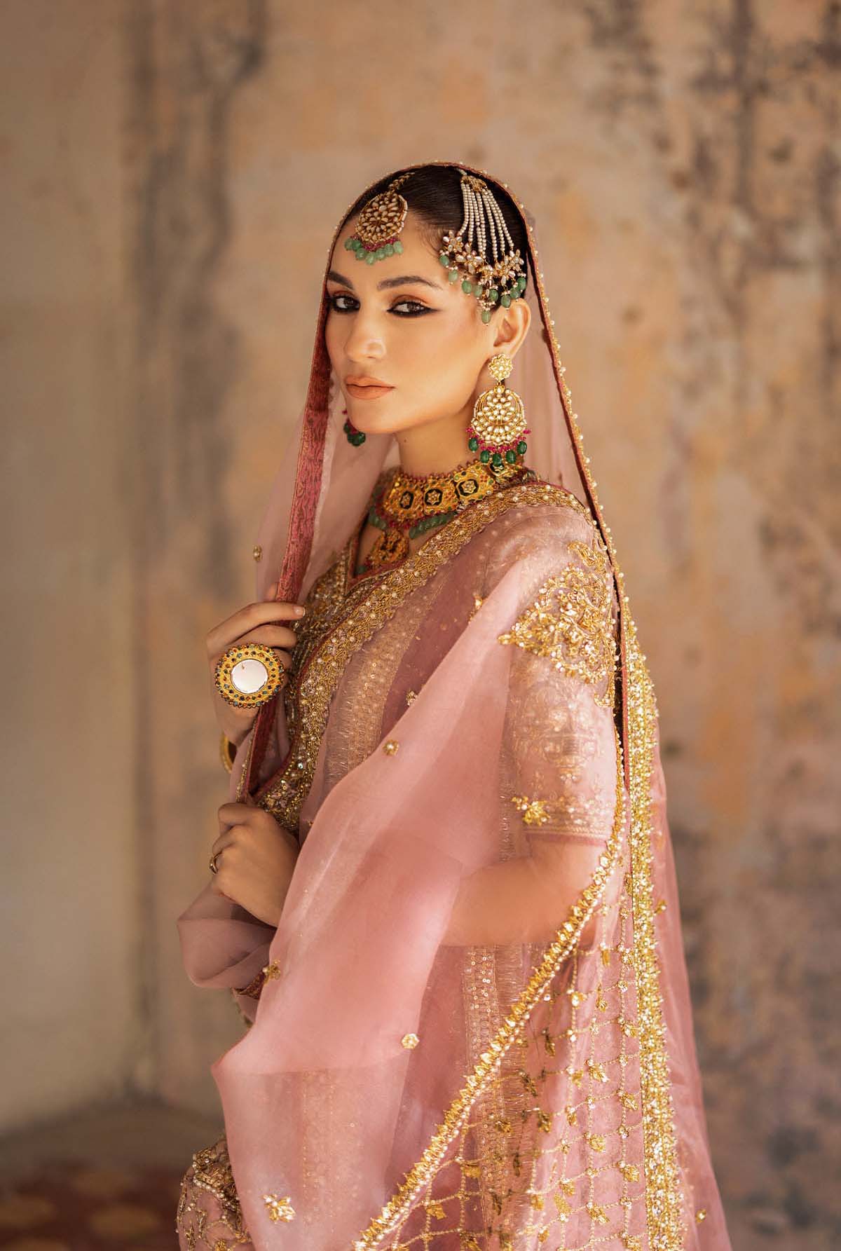 Light Pink Embroidered Organza & Net Mukesh Bridal Lehenga (3-Piece) - Image 6